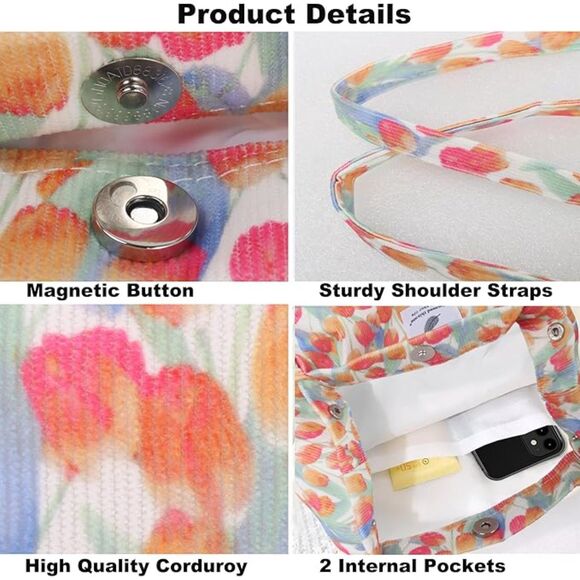 Women Tulip Imported Corduroy Small Canvas Shoulder Handy Inner Pocket Tote Bag - Picture 4 of 4